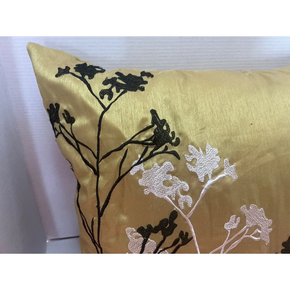 Gold Faux Silk Embroidered Floral Branch Throw Pillow 16x16 Modern